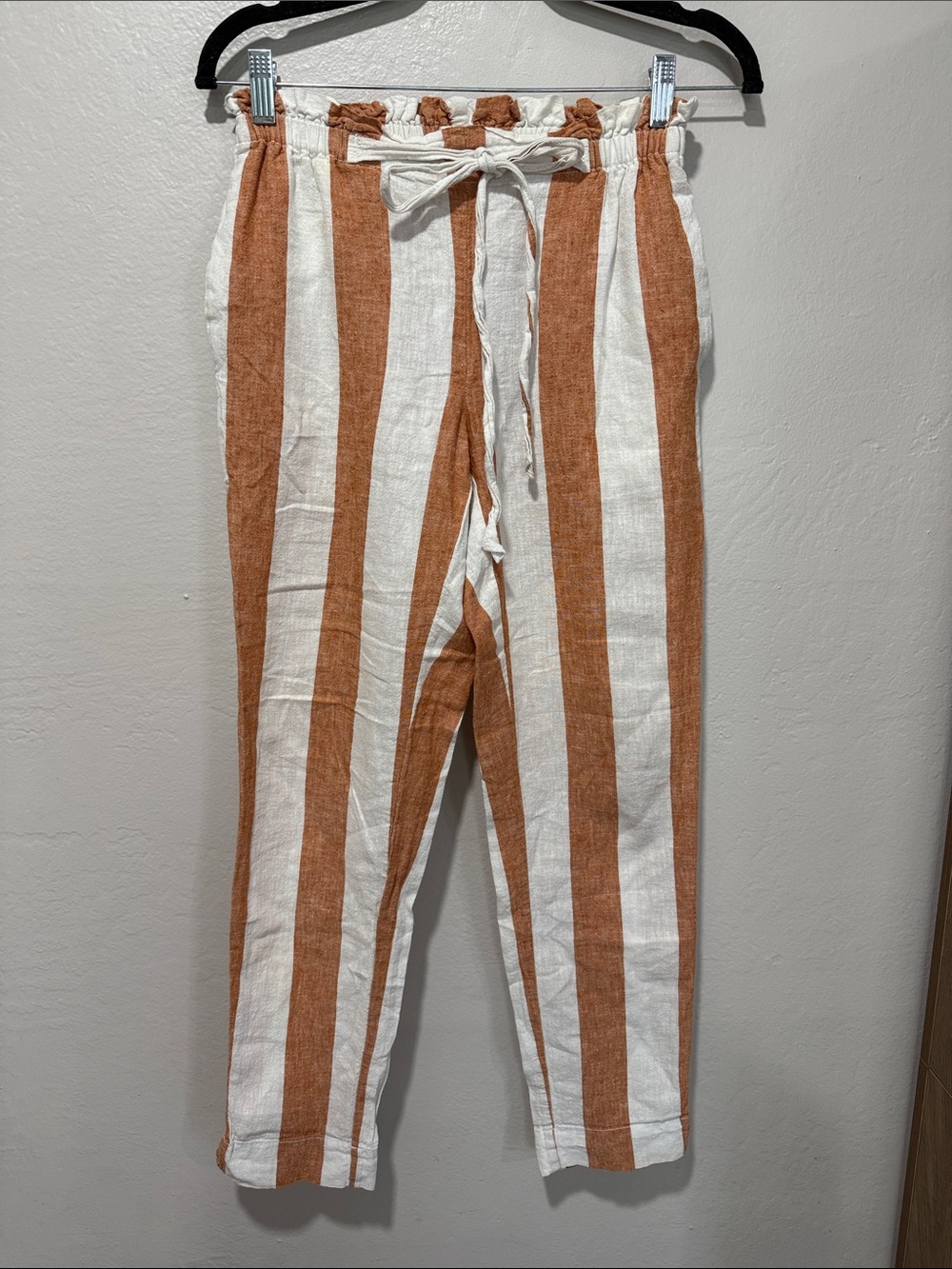 Beach lunch lounge Striped linen cotton Drawstring Pants with pockets